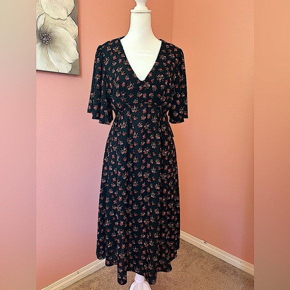 Velvet Torch black flattering floral skater prairie flutter sleeve dress NWT XL - Picture 1 of 10